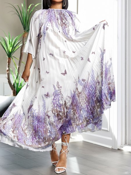 

Crew Neck Floral Pleated Elegant Loose Dress, Purple, Maxi Dresses