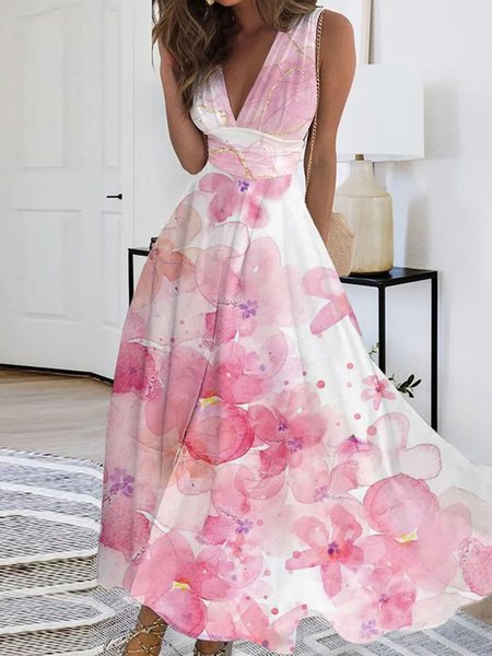 

Women Floral V Neck Sleeveless Comfy Casual Maxi Dress, Pink, Dresses
