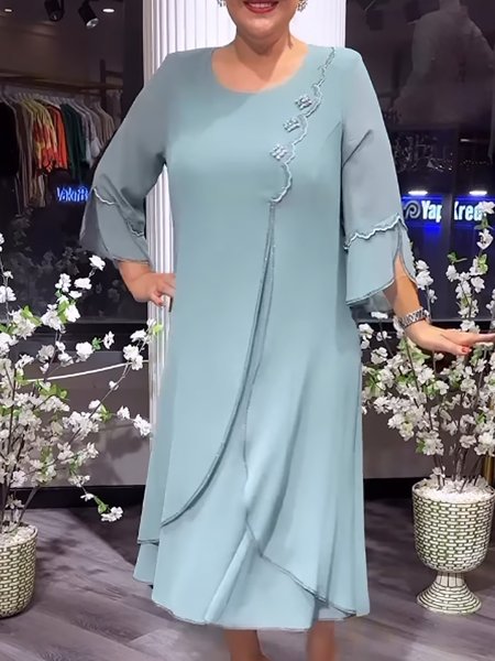 

Women Plain Crew Neck Three Quarter Sleeve Comfy Casual Hot Drilling Midi Dress, Blue, Dresses