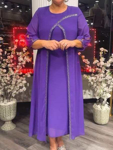 

Women Plain Crew Neck Short Sleeve Comfy Casual Hot Drilling Midi Dress, Purple, Dresses