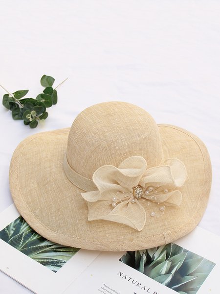 

Elegant Imitation Pearl Flower Foldable Linen Floppy Hat, Beige, Hats