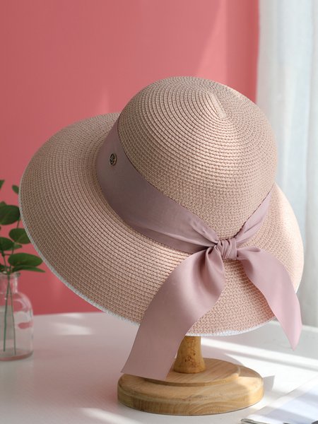 

Color Block Wide Brim Straw Hat, Light pink, Women Hats