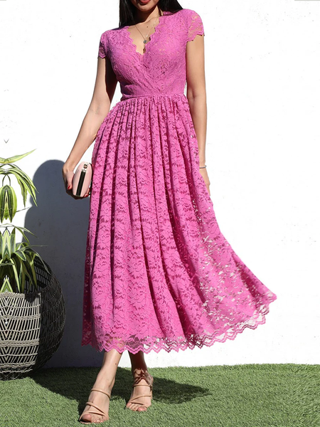 

Regular Fit Plain Elegant V neck Short Sleeve Maxi Dress, Deep pink, Maxi Dresses