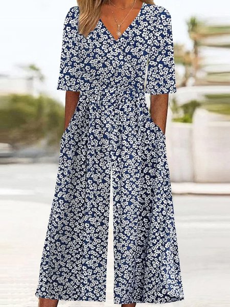 

Women Short Sleeve V Neck Loose Ankle Pants Daily Casual Small Floral Natural Jumpsuit, Blue, Jumpsuits&Rompers