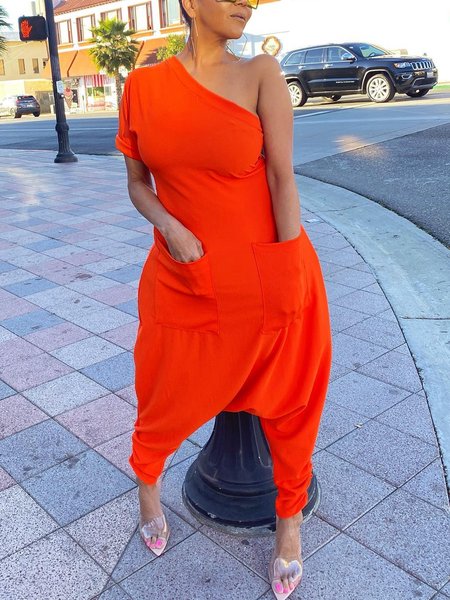 

Casual Asymmetrical Plain Short Sleeve Loosen Jumpsuit, Orange, Jumpsuits