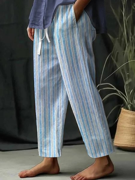 Loose Striped Casual Pants, Blue, Pants
