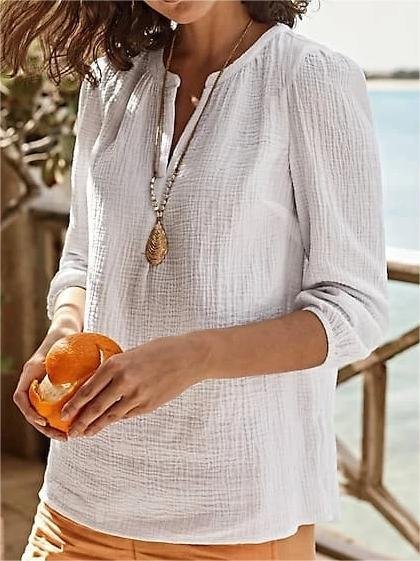 

Notched Casual Loose Blouse, White, Blouses & Shirts