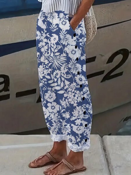 

Casual Floral Long Buckle Pant, Blue, Pants