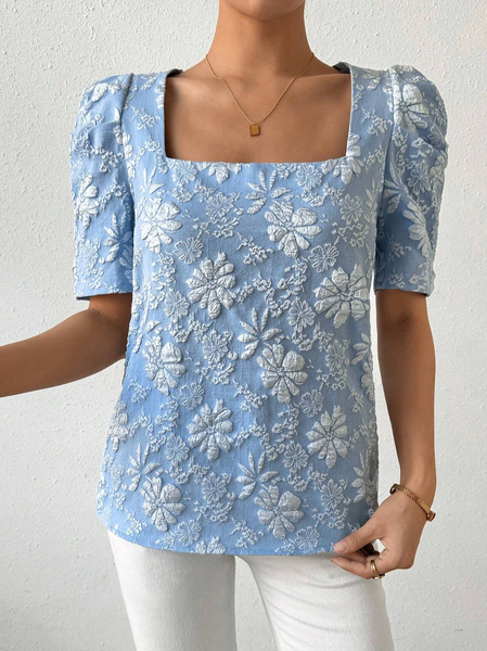 

Women's Short Sleeve Shirt Summer Light Blue Floral Square Neck Daily Going Out Casual Top, Shirts & Blouses
