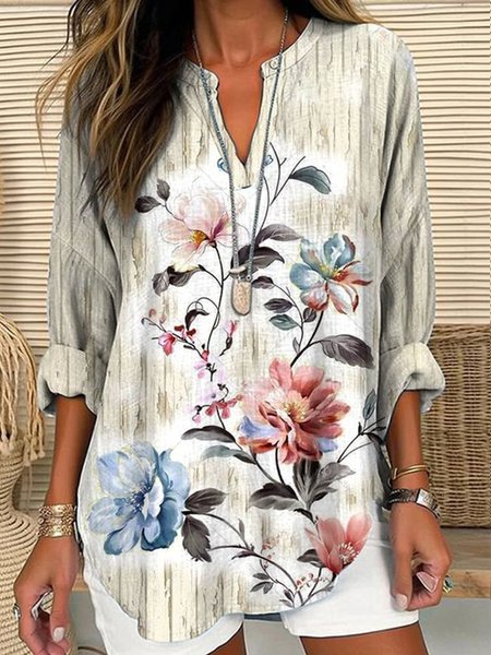 

Notched Long Sleeve Floral Lightweight Loose Shirt For Women, Multicolor, Bottoms