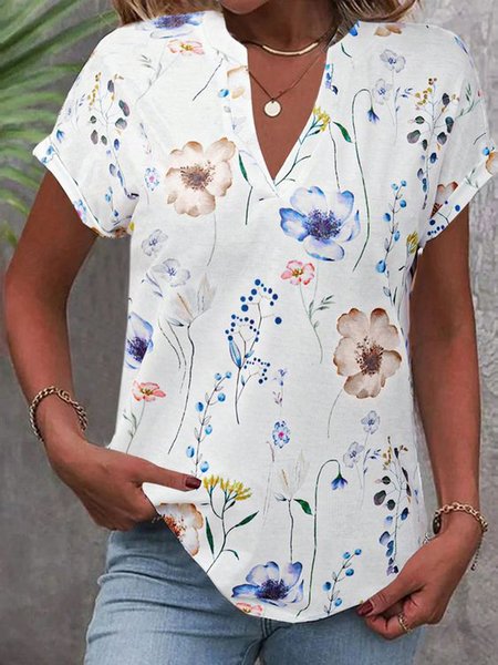 

V Neck Short Sleeve Floral Lightweight Micro-Elasticity Loose Shirt For Women, Multicolor, T-shirts