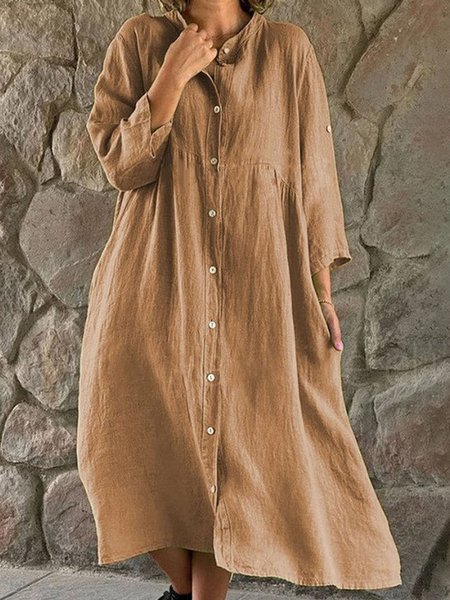 

Women Plain Shirt Collar Three Quarter Sleeve Comfy Casual Midi Dress, Brown, Dresses