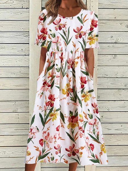

Women Floral Crew Neck Short Sleeve Comfy Casual Midi Dress, Red, Dresses
