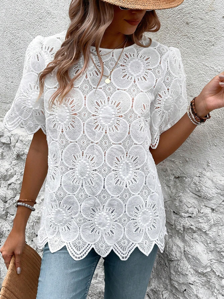 

Women's Short Sleeve Shirt Summer White Floral Lace Lace Crew Neck Daily Going Out Casual Top, Shirts & Blouses