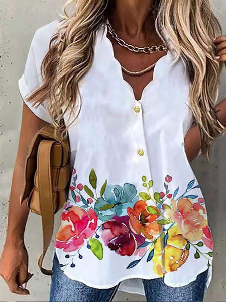 

Scoop Neck Short Sleeve Floral Regular Loose Blouse For Women, Multicolor, Shirts