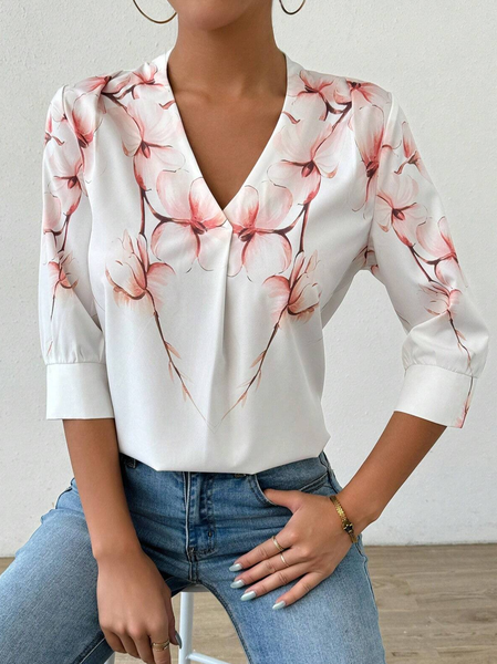 

Women's Half Sleeve Shirt Summer White Floral V Neck Daily Going Out Casual Top, Shirts & Blouses