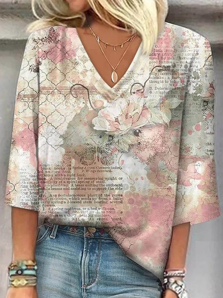

V Neck Half Sleeve Floral Lace Lightweight Loose Shirt For Women, Pink, Bottoms