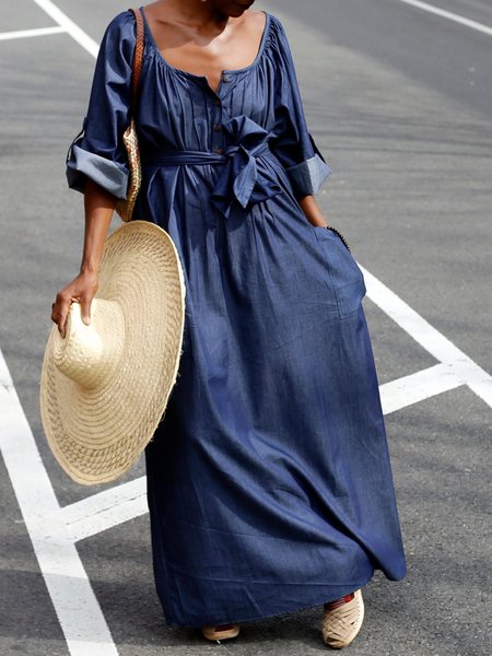 

Casual Loose Denim Dress With Belt, Blue, Maxi Dresses