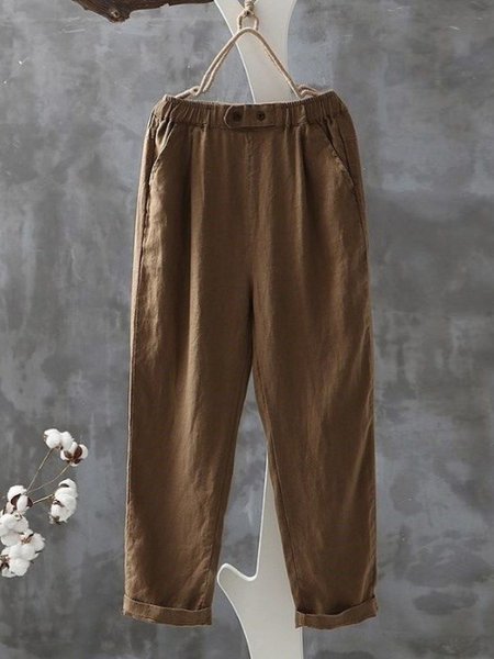 

Plain Loose Cotton Casual Pants, Khaki, Pants