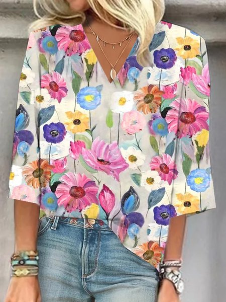 

V Neck Three Quarter Sleeve Floral Regular Loose Shirt For Women, Multicolor, Bottoms