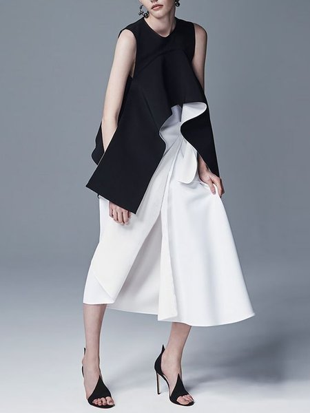 

Loose Crew Neck Color Block Urban Sleeveless Midi Dress, Black-white, Midi Dresses