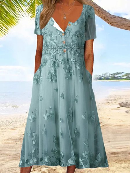 

Women Floral Half Open Collar Short Sleeve Comfy Casual Midi Dress, Green, Dresses