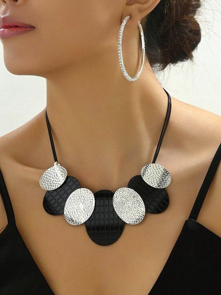 

2pcs/set Fashionable Ellipse Shape Necklace And Rhinestone Hoop Earrings, Silver, Jewelry