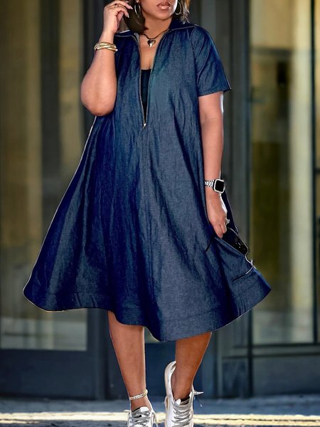 

Casual Loose Plain V Neck Faux Denim Dress, Blue, Midi Dresses