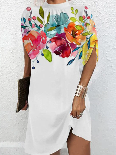 

Women Floral Half Turtleneck Short Sleeve Comfy Casual Short Dress, White, Dresses