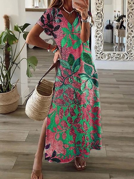 

Women Leaf V Neck Short Sleeve Comfy Casual Maxi Dress, Multicolor, Dresses