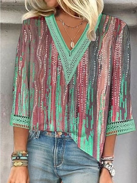 

V Neck Short Sleeve Abstract Lace Lightweight Micro-Elasticity Loose Shirt For Women, Green, Bottoms