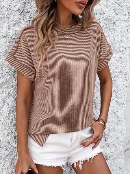 

Crew Neck Short Sleeve Striped Regular Loose Shirt For Women, Khaki, Blouses