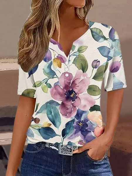 

Notched Short Sleeve Floral Lightweight Micro-Elasticity Loose Shirt For Women, Multicolor, T-shirts