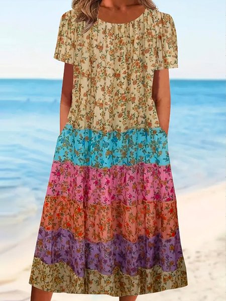 

Women Floral Crew Neck Short Sleeve Comfy Casual Maxi Dress, Multicolor, Dresses