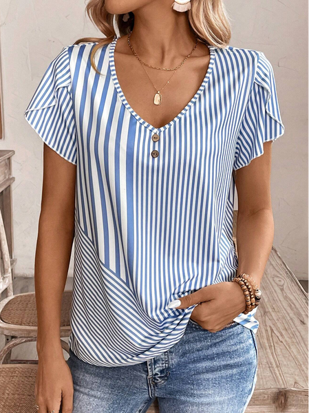 

Women's Short Sleeve Blouse Summer Light Blue Striped Buckle V Neck Petal Sleeve Daily Going Out Casual Top, Shirts & Blouses