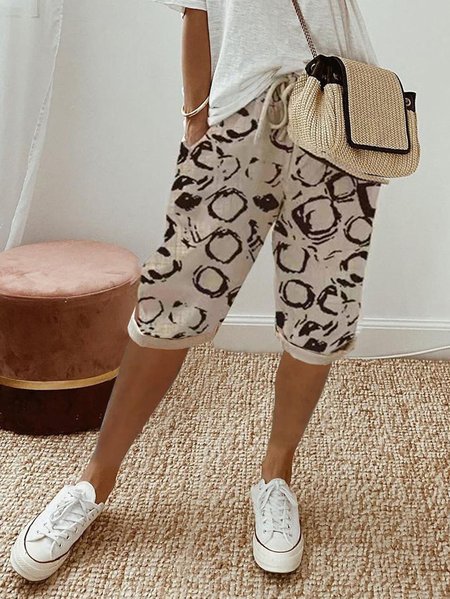 Casual Abstract Polka Dots Fifth Pants Buttoned Pant, Khaki, Pants