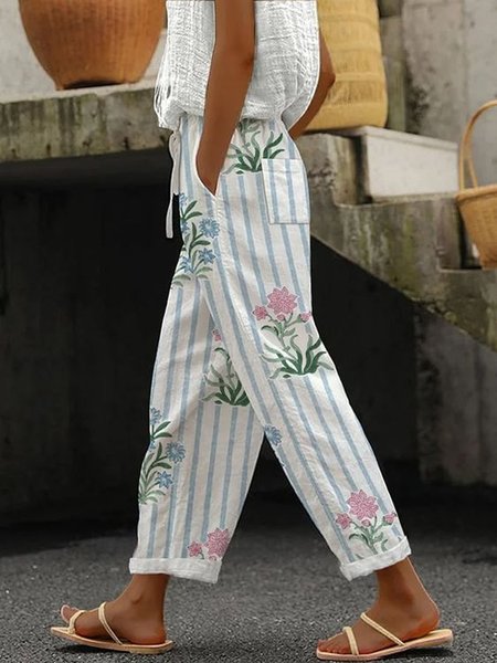 

Striped Floral Casual Pocket Stitching Pants, White, Pants