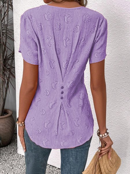 

Women's Short Sleeve Blouse Summer Plain Buttoned Notched Neck Petal Sleeve Daily Going Out Simple Top, Purple, Blouses