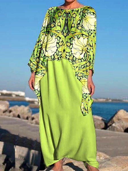

Vacation Crew Neck Loose Floral Dress, Green, Maxi Dresses