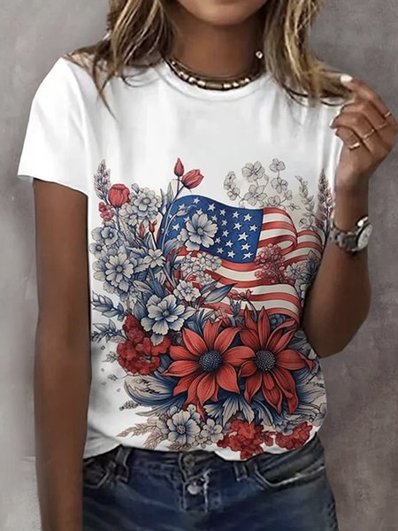 

Casual Floral Crew Neck Short Sleeve T-shirt, White, T-shirts