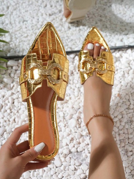 

Golden Metal Decor Crocodile Embossed Slide Sandals, Slippers