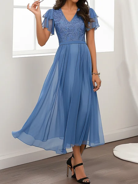 

Women's Short Sleeve Summer Blue Plain Split Joint V Neck Party Going Out Elegant Maxi X-Line Formal Dress Dress, Dresses