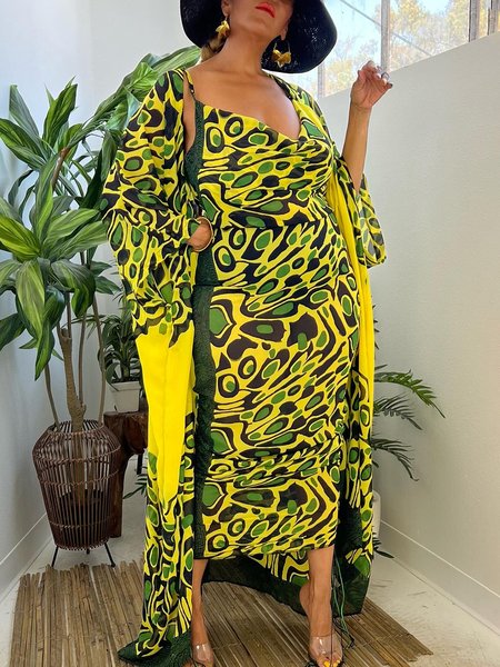 

Random Print Vacation Loosen Kimono, Yellow, Kimonos