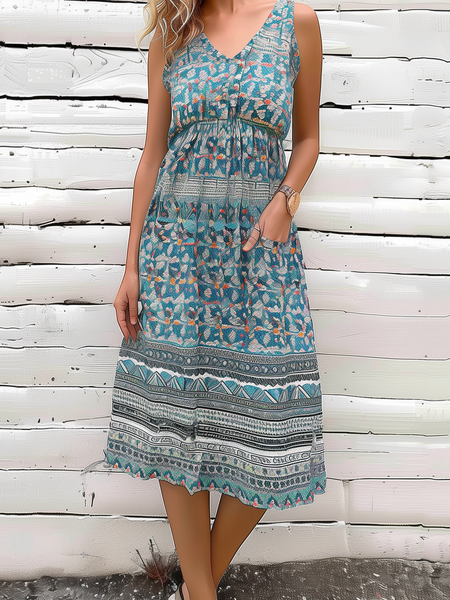 

Women's Sleeveless Summer Green Ethnic V Neck Daily Going Out Vacation Midi X-Line Dress, Dresses