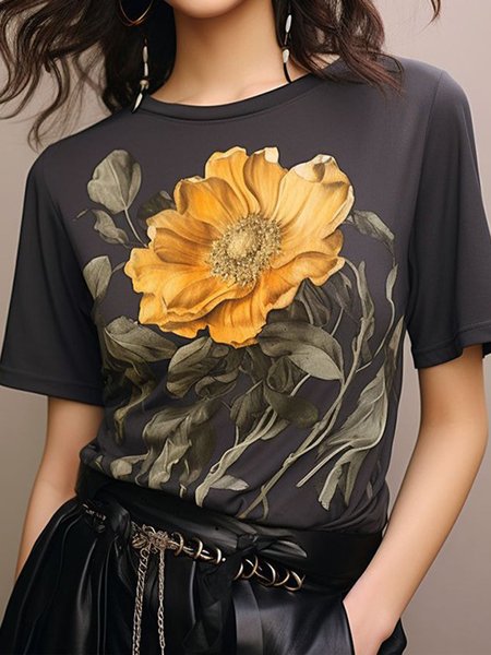 Floral Loose Crew Neck Casual Short Sleeve T-Shirt, Gray, Tees