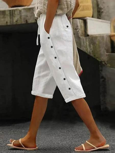 

Casual Plain Fifth Pants Buckle Pant, White, Pants