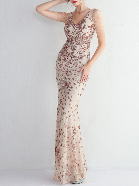 

Women Plain V Neck Sleeveless Comfy Sexy Maxi Dress, Apricot, Dresses