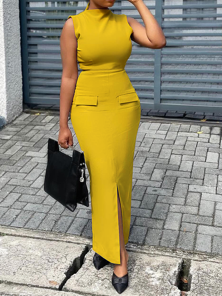 

Medium Elasticity Stand Collar Sleeveless Elegant Maxi Dress, Yellow, Maxi Dresses