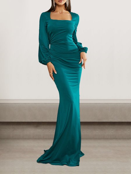 

Women Plain Square Neck Long Sleeve Comfy Sexy Maxi Dress, Green, Dresses