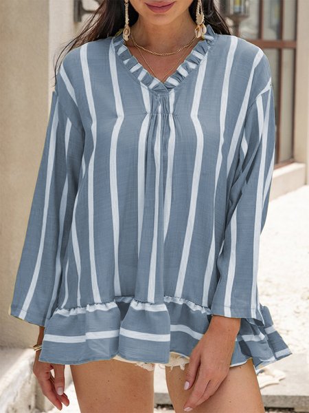 

Women's Long Sleeve Shirt Spring/Fall Blue Striped V Neck Daily Going Out Casual Top, Shirts & Blouses